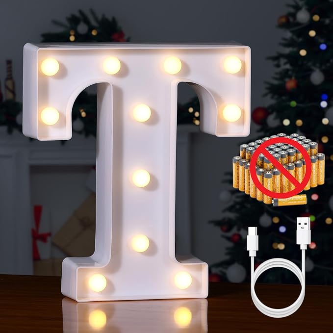 Foaky Rechargeable LED Letter Lights Sign Marquee Light Up Letters Sign for Night Light Wedding/Birthday Party Christmas Lamp Home Bar Decoration (T)