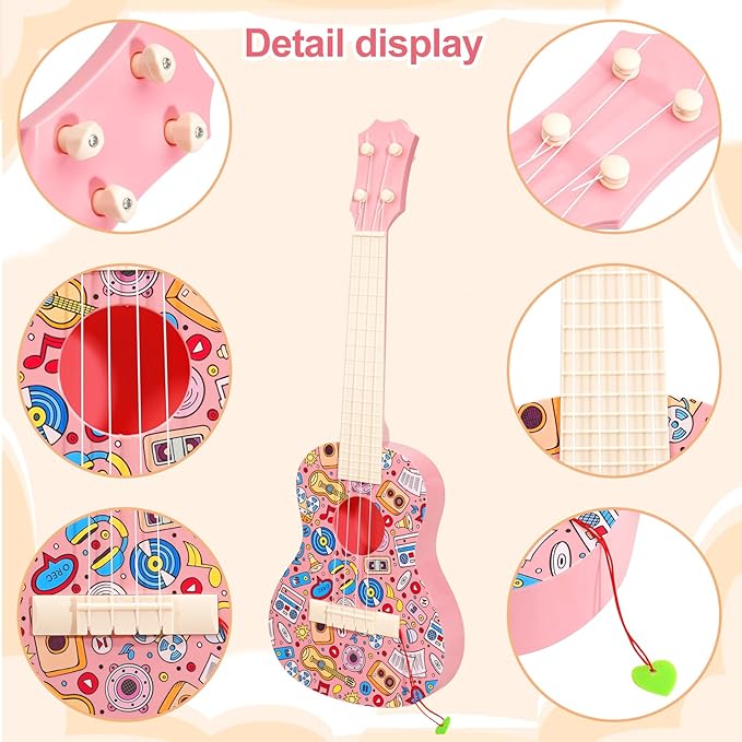 LeeQee 21in Colorful Graffiti Ukulele Guitar for Kids, 4 Strings Kids Guitar Ukulele Musical Instruments Learning Educational Toys with Picks for 3 4 5 6 7 8 9 10 11 12 Toddler Boys Girls (Pink)