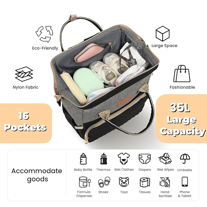 Diaper Bag Backpack with Changing Pad, Pacifier Case, Baby Bag for Boy Girl Toddler - Large, Stylish, Waterproof Travel Quilted Diaper Bag for Mom - Baby Shower - Black Grey