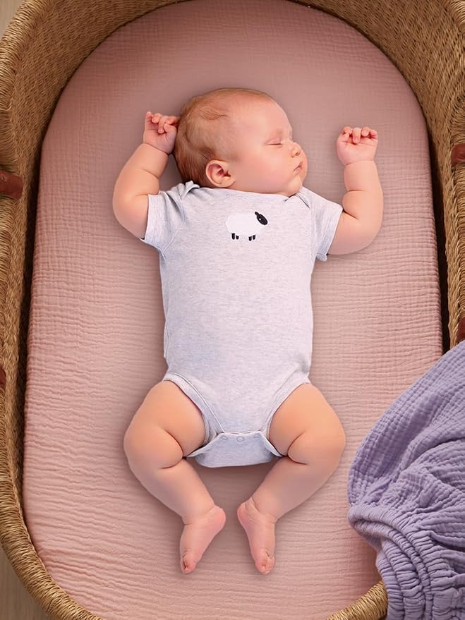 TILLYOU Muslin Bassinet Sheets Girls Boys, 100% Cotton Bassinet Sheets, Fit Oval, Rectangle and Square Mattress, 2 Pack，Light Purple&Light Pink