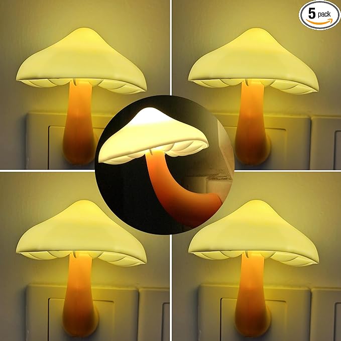 AUSAYE 5 Pack Sensor LED Night Lights Plug into Wall Lamp Mushroom Light for Adults Kids NightLight Bedroom,Bathroom,Toilet,Hallway,Stairs,Kitchen,Basement Warm White