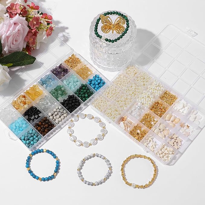 Jewelry Making Kits for Adults Women, 2000pcs 20 Colors Pearl Beads Crystal Beads Shell & Turquoise with Gold Beads Beading Kit for Bracelets, Necklace, Ring DIY Crafts Jewelry Making Supplies