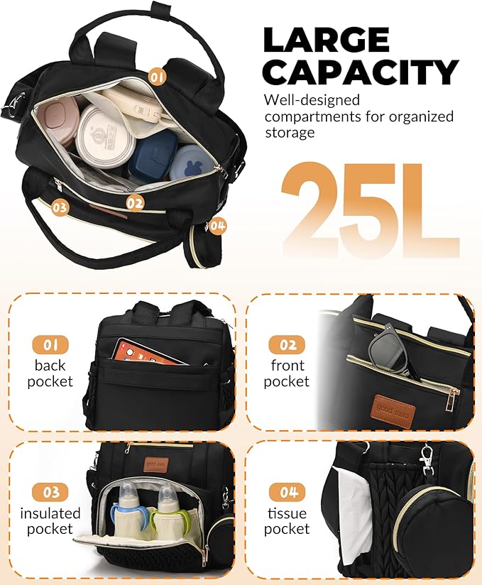 Backpack Diaper Bag,Stylish Waterproof Baby Diaper Bags with Changing Pad,Insulated Pockets,Multi-Function Travel Diaper Backpacks,Gift for New Parents,Black