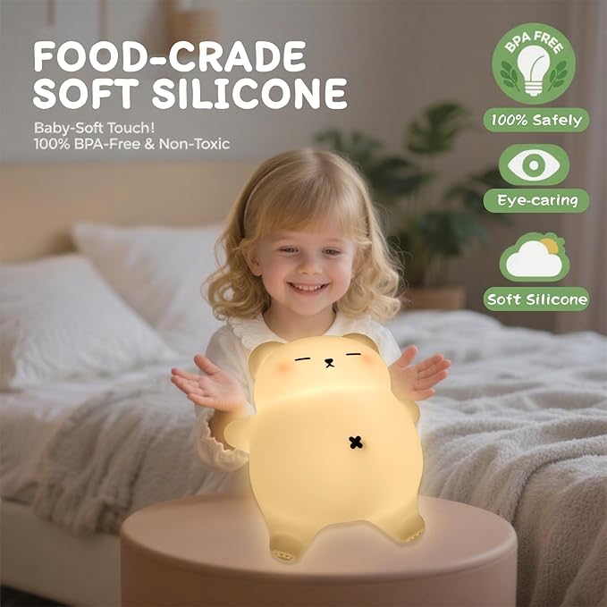 Squishy Night Light for Kids, Bear Silicone Night Light - Rechargeable with Soothing Snore Sounds & Moving Tummy, 3-Level Dimming Touch Control