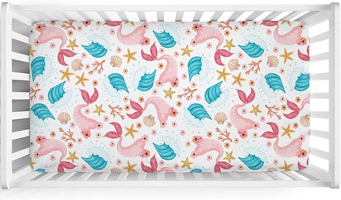 Colorful Nautical Life Baby Crib Sheets 52''x28'' Mermaids Starfish Conch Coral Wave Fitted Crib Mattress Cover for Boy Girl Sea Ocean Animal Nursery Bed Sheets for Standard Crib and Toddler Mattress