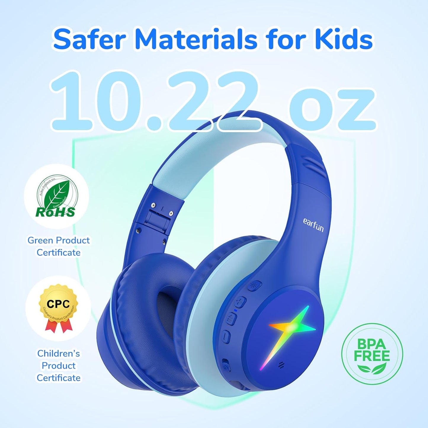 EarFun K4 Kids Bluetooth Headphones, Wireless Headphones with LED Lights, 74/85/94dBA Volume Limited, Built-in Mic, 90H Playtime, Bluetooth 5.4 Over Ear Headphone for iPad/Tablet/PC/School