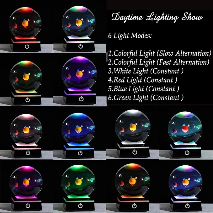 3d Solar System Model Crystal Ball 80mm 3.15inch - Outer Space Astronomy Gifts Room Decor Crystal Sphere Unique Gifts For Men Him Best Birthday Dad Physics Science Teacher Night Light Planet Lamp