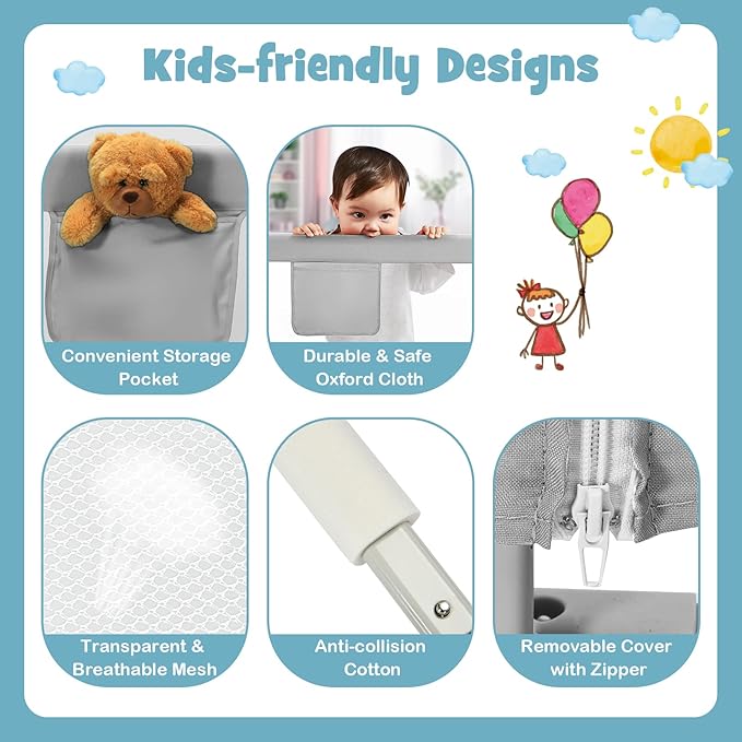 BABY JOY Bed Rail for Toddlers, 77'' Extra Long, Height Adjustable & Foldable Baby Bed Rail Guard w/Storage Pocket & Double Safety Child Lock for Kids Twin Double Full Size Queen King Mattress (Gray)