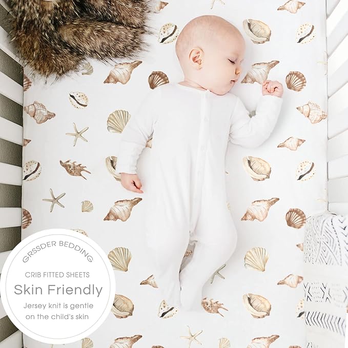 GRSSDER Stretchy Ultra Soft Jersey Knit Fitted Crib Sheets Set 2 Pack, Fit All Standard Crib Mattresses Safe and Snug, Beautiful Marine Organism for Boys and Girls