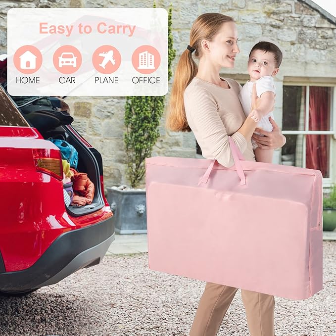 INFANS 3 in 1 Baby Bassinet, Bedside Sleeper for Newborn, Folding Crib with Mattress, Travel Bag, Wheels, 4-Sided Mesh, Easy to Assemble Cradle Co Sleeper Stationary, Rock (Pink)