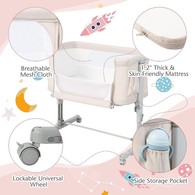 BABY JOY Bassinet Bedside Sleeper, 3 in 1 Folding Crib w/Adjustable Height, Mattress, Lockable Wheels, Storage Pocket & Carry Bag for Infant Newborn, Stationary & Rock, Portable Baby Bassinet (Beige)