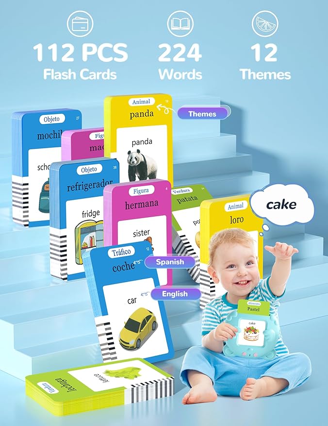 Bilingual Talking Flash Cards for Toddlers, 224 Sight Words Spanish and English Learning Flashcards for Kids, Autism Pocket Speech Therapy Toys, Española Vocabulary