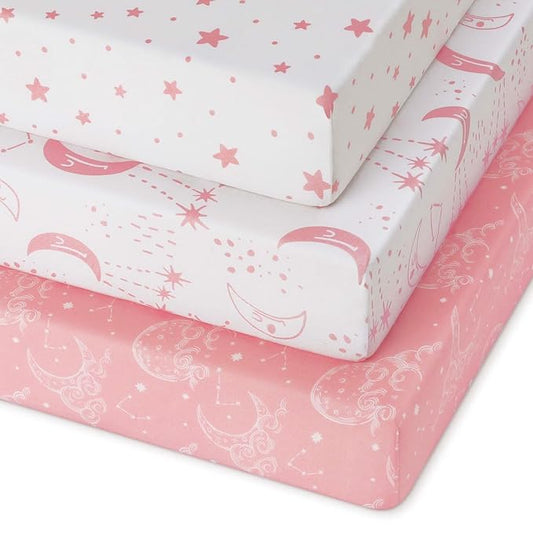 Pack and Play Sheets Fitted 3 Pack, Mini Crib Sheets for Pack N Play Mattress Stretchy Portable Playard Sheets, Soft Breathable Pink White Moon