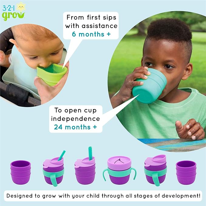 Easy Learn Drink and Snack Set – Baby + Toddler Silicone Learning Cup & Snack Set, Training Cup for Straw and Open Cup Independence – Dishwasher Safe (Grape)
