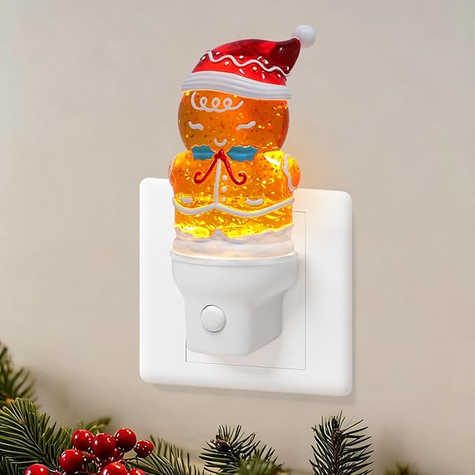 Christmas Night Light Plug into Wall Glitter Water Nightlight with USB/Outlet Options, Christmas Gingerbread Decorative Nightlight for Bedroom Kitchen Nursery Holiday Decorations Gifts (Gingerbread)