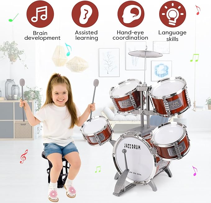 Toy Drum Set for Kids Ages 3-5 Toddler Jazz Drum Kit with 5 Drums Musical Instruments Toys for 3 4 5 Year Old Boys Girls Gifts