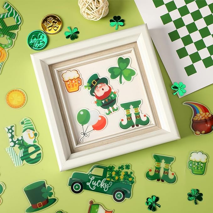 MARFOREVER 50 PCS St. Patrick's Day Gel Window Clings Stickers Reusable Green Shamrock Thick Gel Clings Decals for Spring Irish St Patrick's Day Kids Toddlers Classroom Party Window Glass Decoration