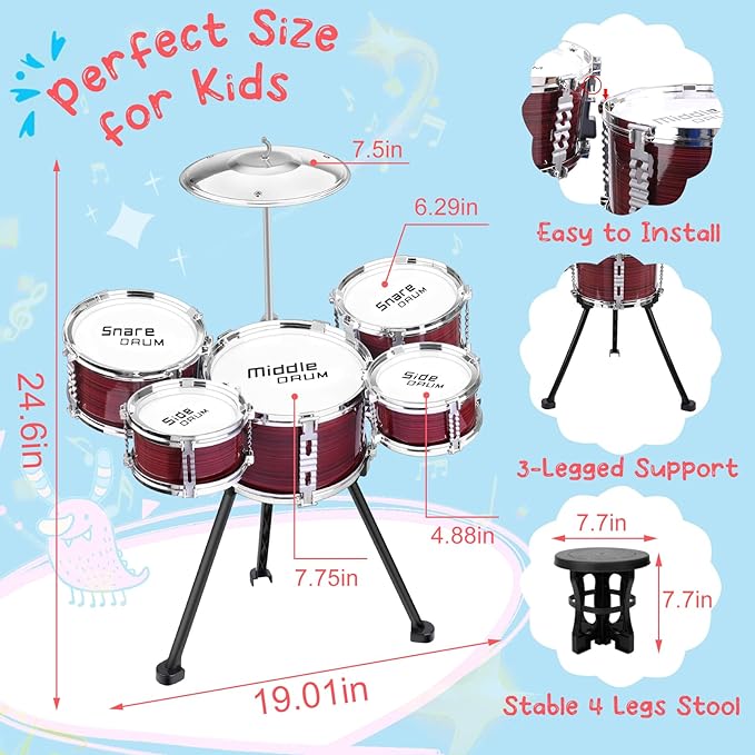 Upgraded Kids Drum Set, 5 Piece Toy Set for Toddlers1-3 3-5 Band Rock Jazz Drum Musical Instrument Toys for Boys Girls Christmas Birthday Gifts