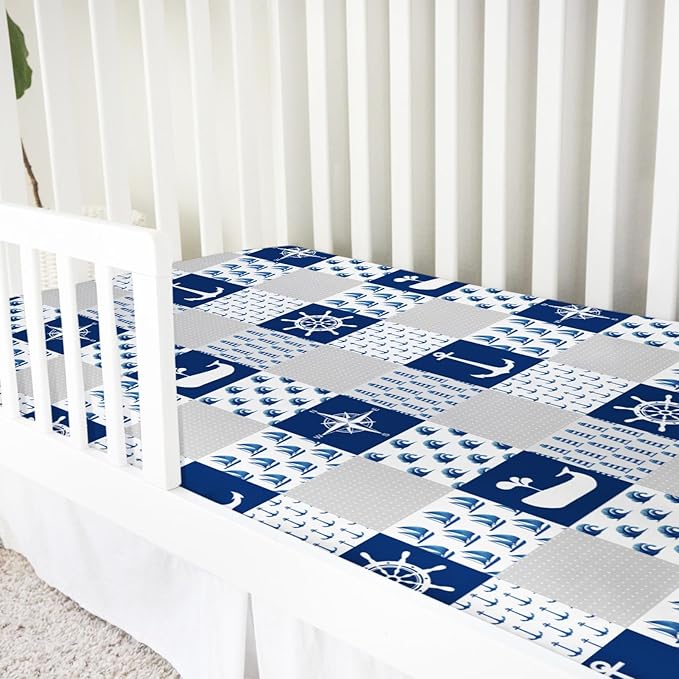 Navy Nautical Life Baby Crib Fitted Sheet 52''x28'' Sea Marine Lighthouse Compass Whale Fitted Crib Mattress Sheet for Boy Girl Nursery Bed Sheets for Standard Crib and Toddler Mattress