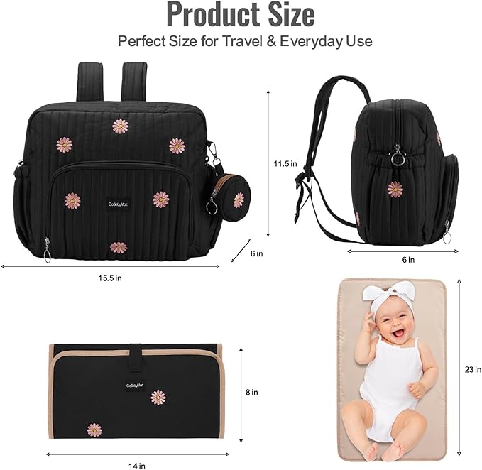 Diaper Bag Backpack, Medium Maternity baby bag & Changing Pad, Insulated Pockets, Stroller Straps & Pacifier Case (Medium - Black Flowers)