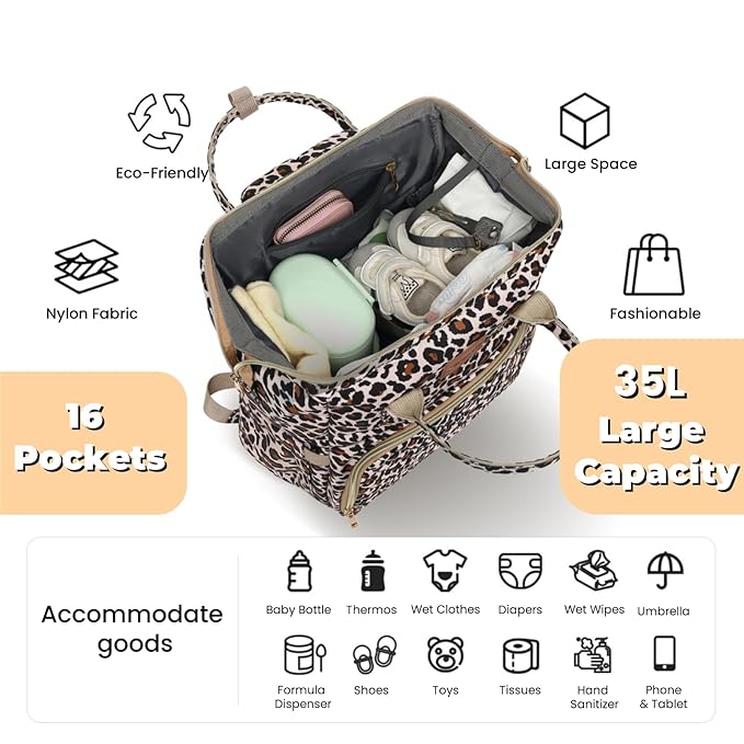 Diaper Bag Backpack with Changing Pad, Pacifier Case, Baby Bag for Boy Girl Toddler - Large, Stylish, Waterproof Travel Quilted Diaper Bag for Mom - Baby Shower - Cheetah