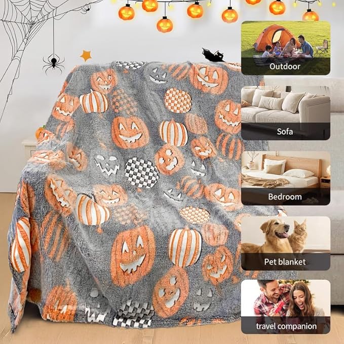 TEHALK Cute Halloween Pumpkin Blanket for Kids/Teens/Women/Men, Spooky Fall Throw Blanket 50"x60"