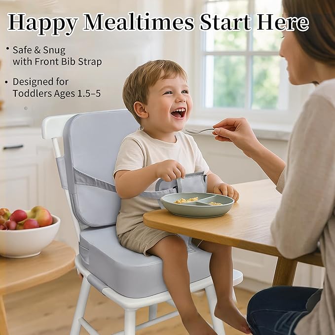 Toddler Booster Seat for Kitchen Chair and Dining Table, Non-Slip Cushion with Backrest, Adjustable Straps, Waterproof and Portable for Travel - Grey