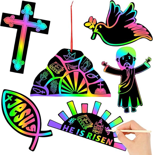 JULMELON 36 PCS Religious Easter Crafts, Rainbow Scratch Art for Religious Gifts Magic Color Resurrection Cross Scratch Cards Christian Sunday School Bible Crafts Classroom Party Favors