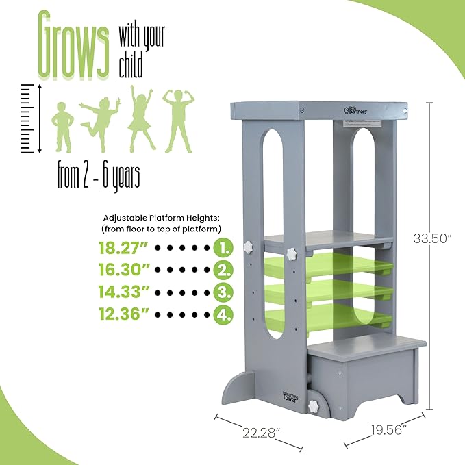 Little Partners Foldable Toddler Tower, Learning Tower Explore 'N Store Montessori Standing Kitchen Tower with Folding Step Stool Platform for Cooking and Learning, Ages 2+ (Silver Drop)