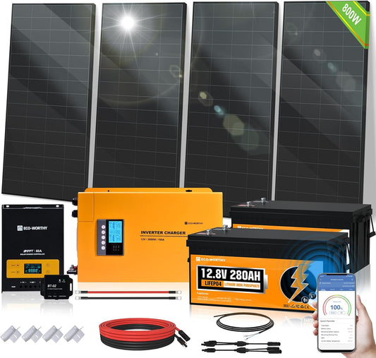 ECO-WORTHY 7.168KWH 800W Solar Panel Kit for RV Off Grid Complete System with 4PCS HPBC 200W Solar Panels, 3000W UPS Inverter Charger, 2PC 12.8V 280AH Lithium Batteries, 60A MPPT Controller Bluetooth