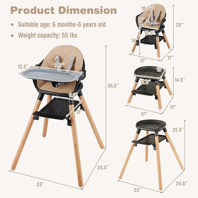 BABY JOY Baby High Chair, 6 in 1 Convertible Wooden High Chair for Babies & Toddlers with Adjustable Legs, Double Removable Tray, Safety Harness & Waterproof PU Cushion (Coffee)