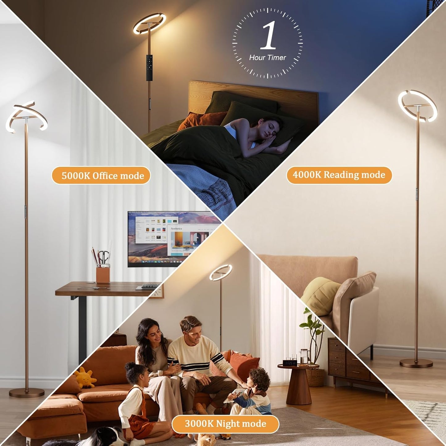 Floor Lamps for Living Room, 40W/2400LM LED Floor Lamp with Touch & Remote Control, 70" Tall Standing Lamp Stepless Dimmable, Modern Torchiere Corner Lamp for Bedroom, Office - Brown