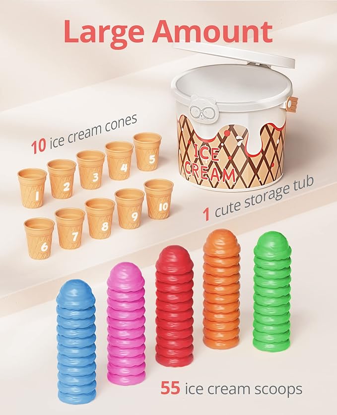 JoyCat Ice Cream Preschool Learning Activities Counting and Color Sorting Set Stacking Toys for Kids 3-5, Educational Fine Motor Skills Toys, 65PCS Math Manipulatives Resources Food Toys