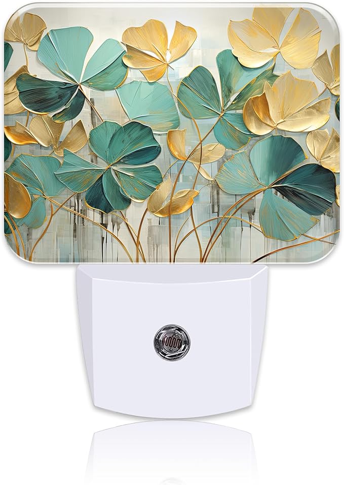 Luxurious Golden Green Foliage Night Light Golden Green Leaf Nightlight Plug into Wall with Dusk to Dawn Sensor for Kid Girls Boys Women Men Room, Hallway, Kitchen, Bathroom, Stairs Decor