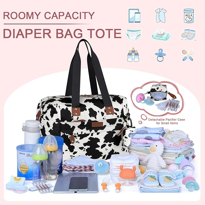Diaper Tote - Baby Bag with Pacifier Case, Shoulder Straps, Stroller Clips, Waterproof Large Mommy Maternity Travel Bag for Mom and Dad, Cow Print