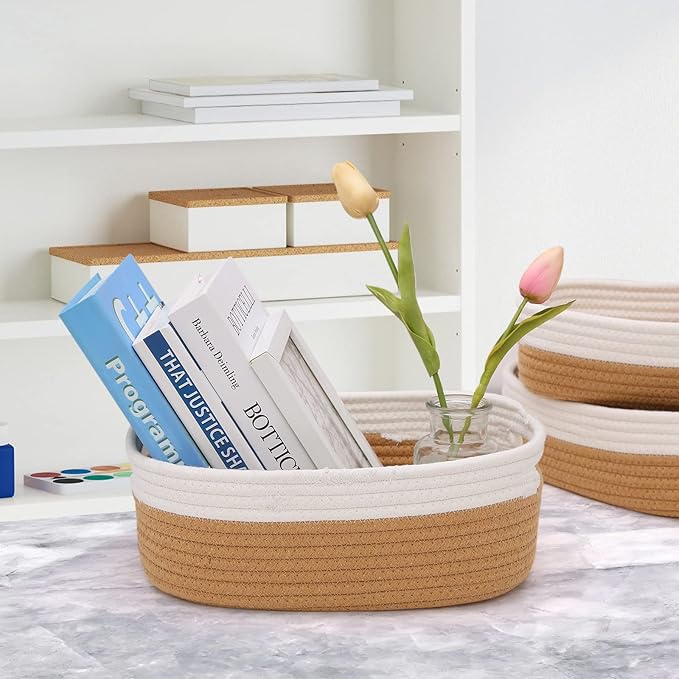 7 Piece Cotton Rope Woven Basket Set - Small Basket for Baby Nursery, Pets, Montessori, Dog & Cat Toy Boxes, Bathroom Organization Bins (White/Jute)