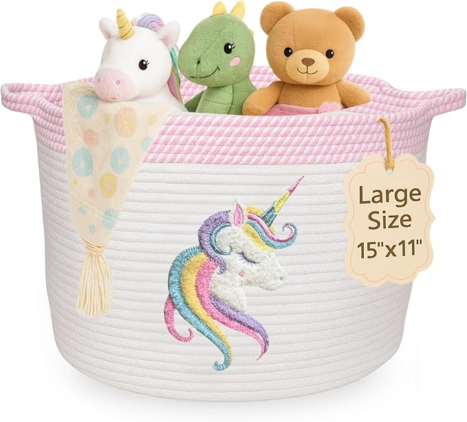 Unicorn Storage Basket for Nursery – Large 15”x11” Cotton Rope Bin with Soft Felt Animal Patch – Toy Organizer, Baby Laundry Hamper, Diaper & Towel Holder – Foldable, Washable & Baby-Safe