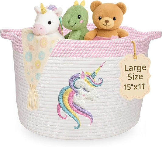 Unicorn Storage Basket for Nursery – Large 15”x11” Cotton Rope Bin with Soft Felt Animal Patch – Toy Organizer, Baby Laundry Hamper, Diaper & Towel Holder – Foldable, Washable & Baby-Safe