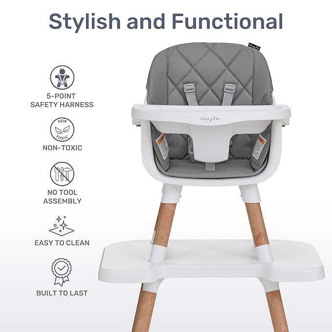 Dream On Me Luna 4-in-1 Convertible Baby High Chair in Cool Gray, Transforms into Booster, Toddler Seat & Table Set, Adjustable and Removable Tray Portable High Chair