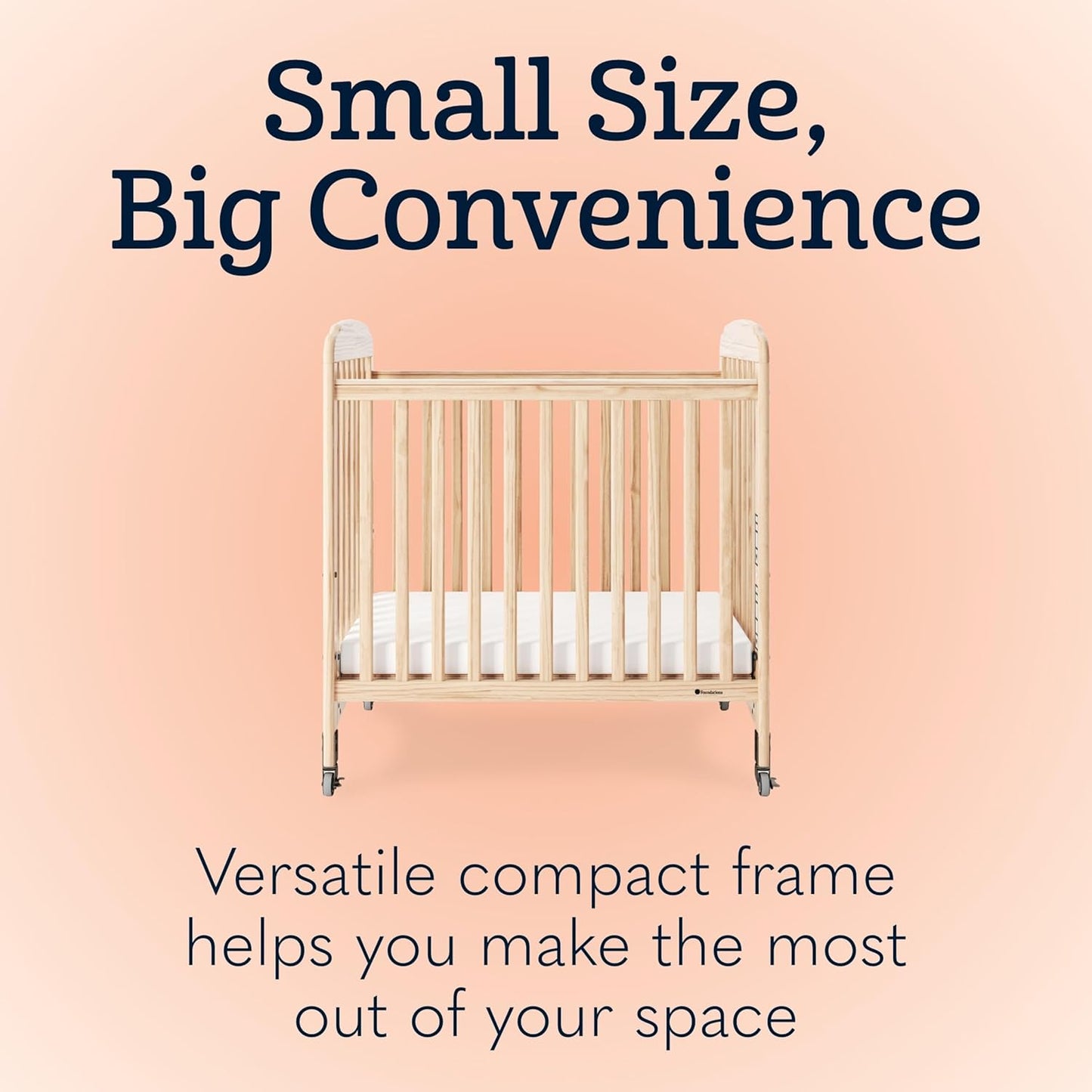 Foundations Serenity Compact Daycare Crib, Fixed Side, Features Mirrorview End Panels and Slatted Side Panels, Durable Wood Construction, Includes 3” InfaPure Foam Mattress (Natural)