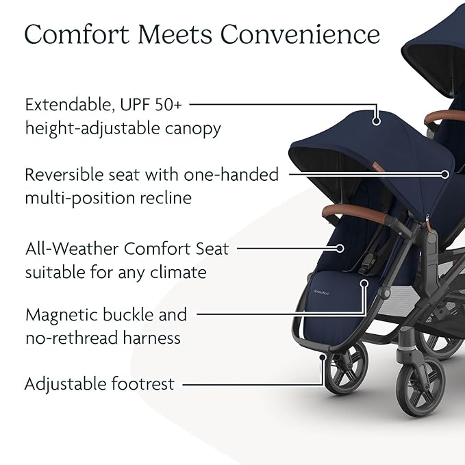 UPPAbaby RumbleSeat V3 Second Lower Seat - Compatible with Vista V2 and Vista V3 - All-Weather Seat + Magnetic Buckle – Adapters Included - Noa (Navy/Carbon Frame/Saddle Leather)