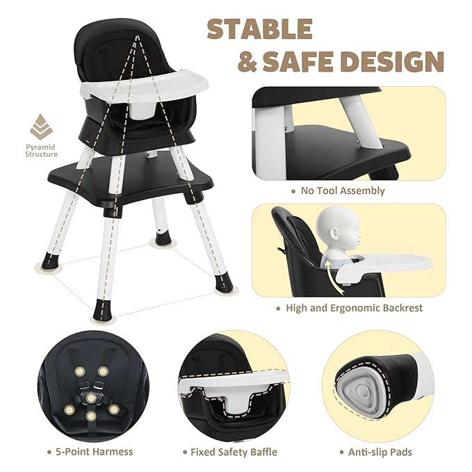 Baby High Chair, 8 in 1 Convertible Highchairs for Babies and Toddlers, Children Dining Booster Seat/Kids Building Block Table for Girls Boys, Baby Seat with Removable Tray, Black