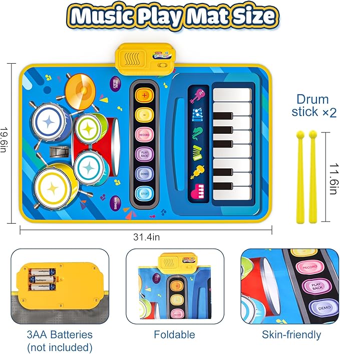 Baby Toys for 1 Year Old Boy Girl, 2 in 1 Musical Piano & Drum Mat for Toddlers 1-3, Early Education Baby Piano Mat Learning Floor Toy 12-18 Months, Christmas Birthday Gift for 1 2 3 Year Old Girl Boy