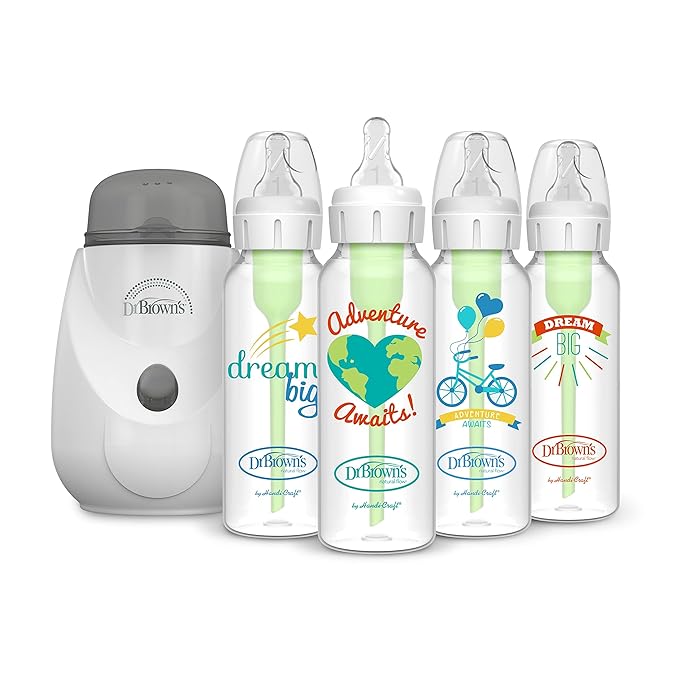 Dr. Brown’s Insta-Feed Bottle Warmer and Sterilizer with Anti-Colic Options+ Narrow Baby Bottles 8 oz/2500 mL, with Level 1 Slow Flow Nipple, 4 Pack, Dream Adventure, 0m+
