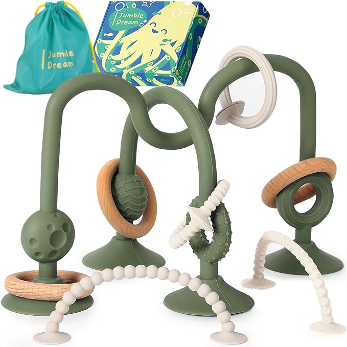 Jumble Jangle Baby Teething Toys – BPA-Free, Multi Purpose High Chair Toys for Babies: Suction Teething Relief with Sensory Toy Textures for Infants and Toddlers 3–24+ Months (Green)