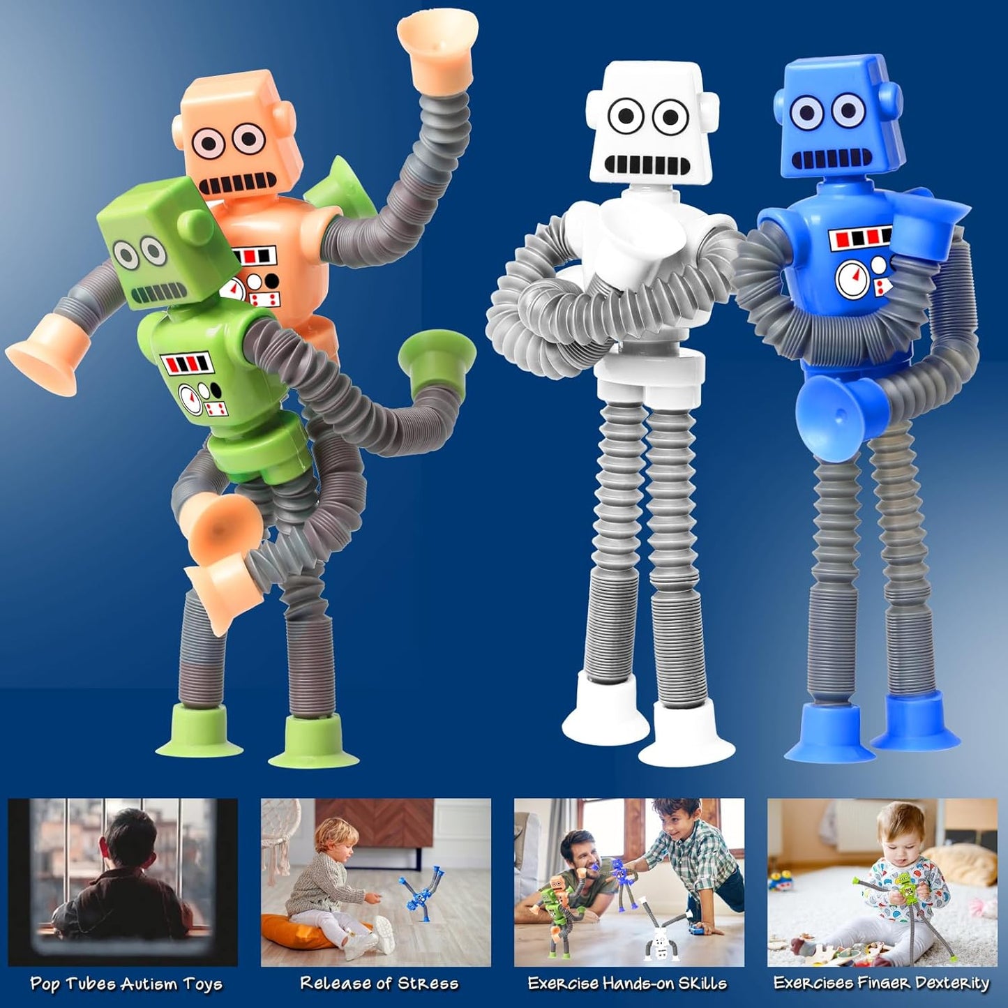 4PCS Telescopic Robot Suction Cup Toy, Shape Changing Tube Fidget Toys, Travel Toys Gift Easter Basket Stocking Stuffer for Kids