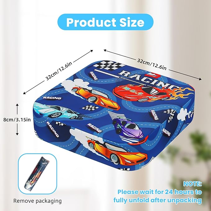 Toddler Booster Seat for Dining Table, Kids Booster Seat for Kitchen Chair with Non-Slip Bottom, Portable Detachable Washable Increasing Cushion with 2 Adjustable Straps (Racing car)