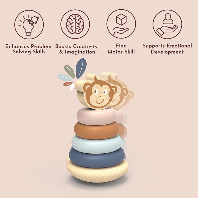 SPEEDY MONKEY Roly Poly Stacker Toy for Toddlers | Wooden Stacking Toy for Baby Boys & Girls | FSC-Certified Wobble Base with Colorful Rings for Fine Motor Skills | Sensory Learning Gift for Kids 1-5