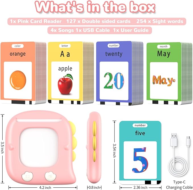 Kidzdo Dinosaur ABCs Learning Toys, 254 Words Talking Flash Cards, Birthday Gifts for 2 3 4 5 6 Years Old Girls, Pocket Speech Language Therapy Toys for Toddlers Ages 2-6, Pink