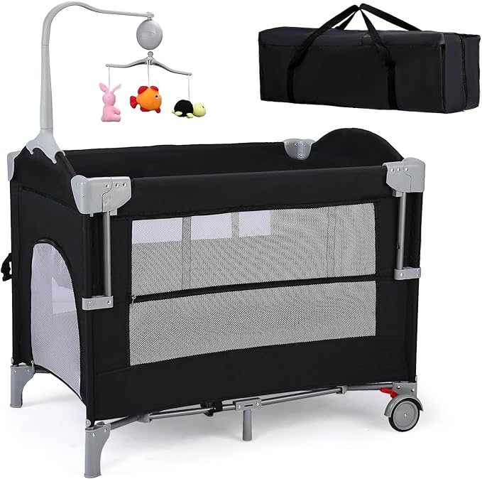 JOYMOR 4 in 1 Pack and Play, Baby Bedside Bassinet, Sturdy Play Yard with Padded Mat and Toy bar with Soft Toys
